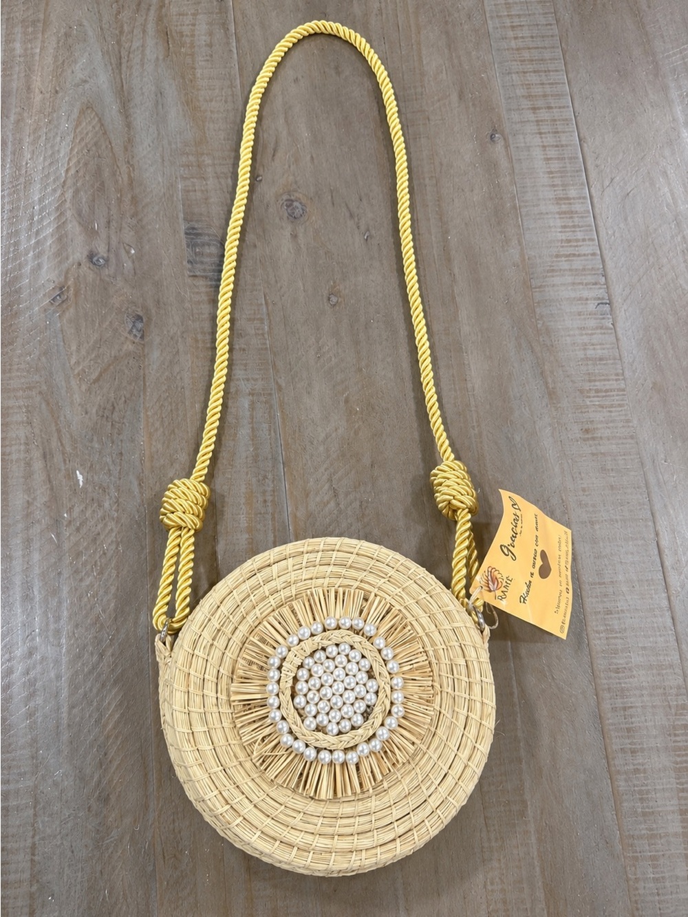 Round Woven Straw Crossbody Bag Pearl Accent Natural NWT